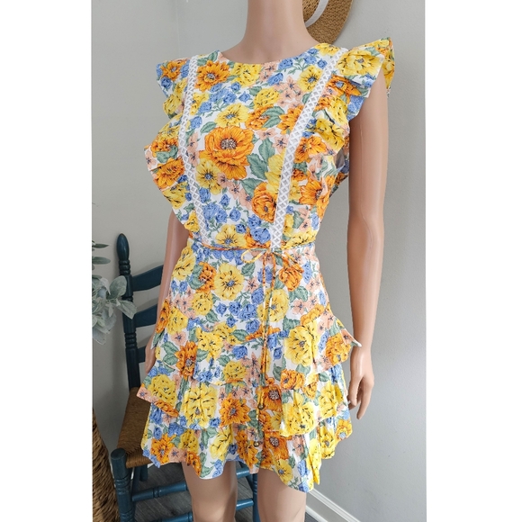 Hello Molly Pants - Hello Molly Yellow Floral Open Back Ruffled Hem Romper Mini Dress